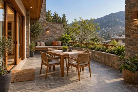 AI-generated outdoor concept: courtyard dining nook, hill timber direction