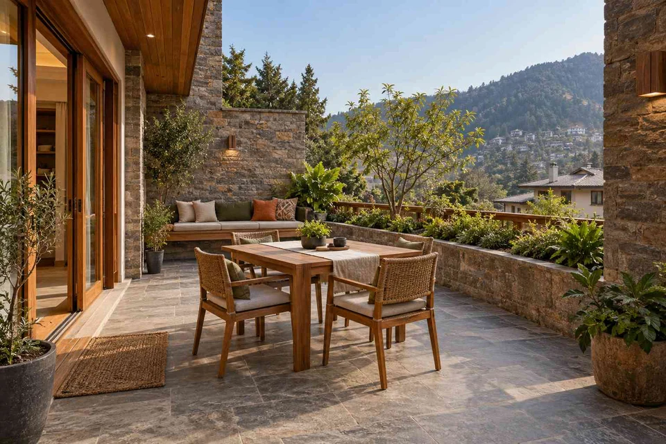 AI-generated outdoor concept: courtyard dining nook, hill timber direction