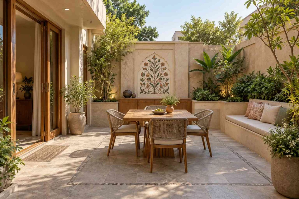 AI-generated outdoor concept: courtyard dining nook, inlay atelier direction