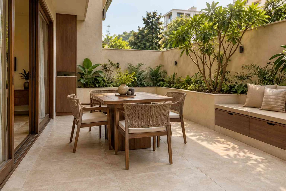 AI-generated outdoor concept: courtyard dining nook, lime and walnut direction