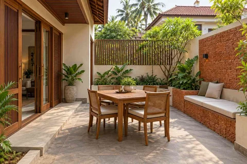 AI-generated outdoor concept: courtyard dining nook, malabar timber direction