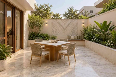 AI-generated outdoor concept: courtyard dining nook, marble restraint direction
