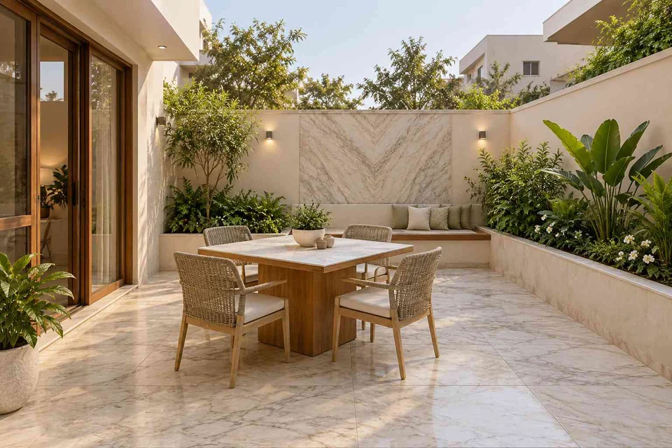 AI-generated outdoor concept: courtyard dining nook, marble restraint direction