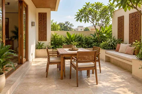 AI-generated outdoor concept: courtyard dining nook, modern carved direction