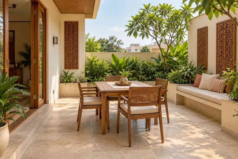 AI-generated outdoor concept: courtyard dining nook, modern carved direction