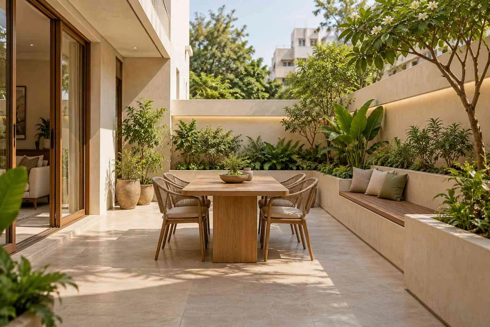 AI-generated outdoor concept: courtyard dining nook, quiet contemporary direction