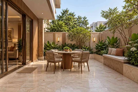 AI-generated outdoor concept: courtyard dining nook, quiet transitional direction