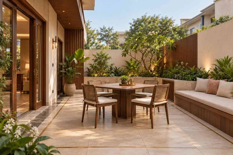 AI-generated outdoor concept: courtyard dining nook, rosewood brass direction