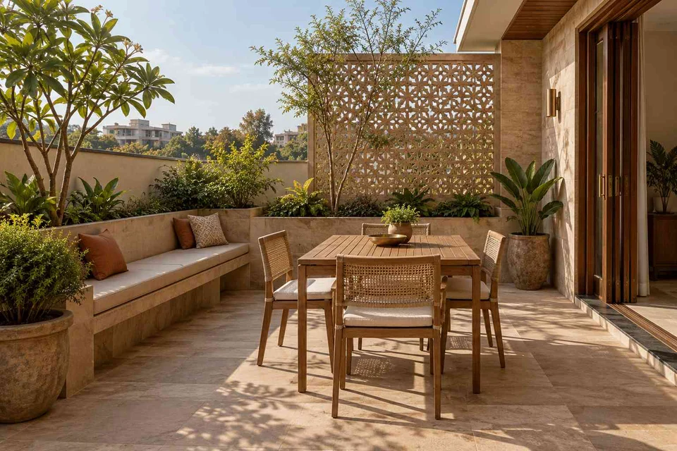 AI-generated outdoor concept: courtyard dining nook, sandstone lattice direction