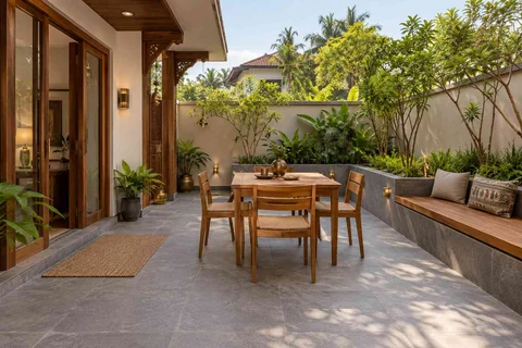 AI-generated outdoor concept: courtyard dining nook, teak craft direction