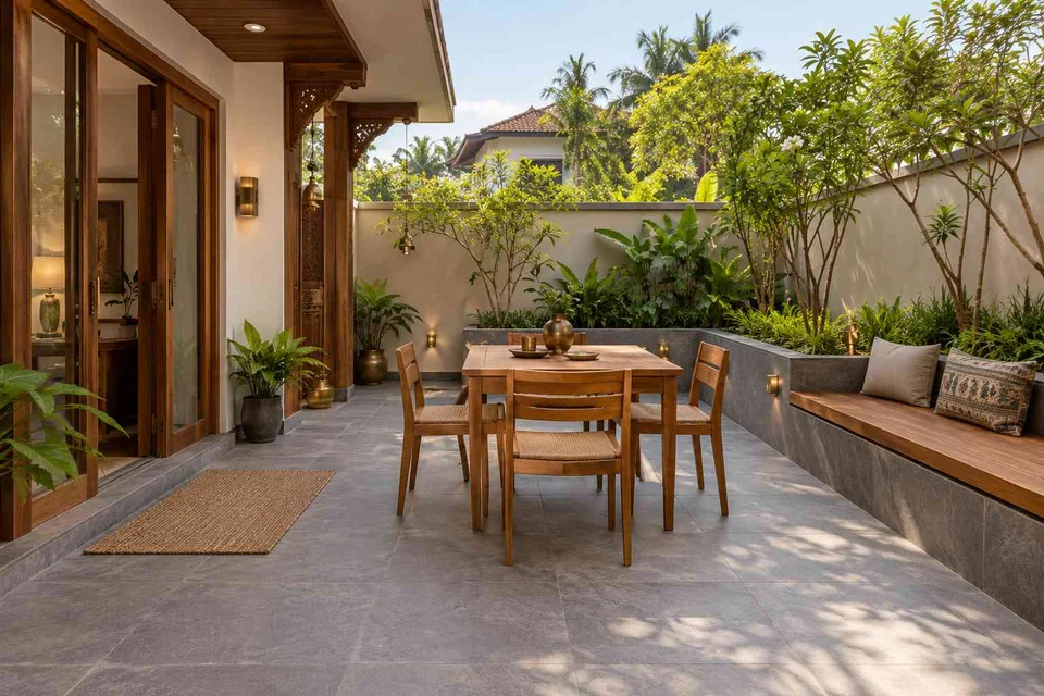 AI-generated outdoor concept: courtyard dining nook, teak craft direction