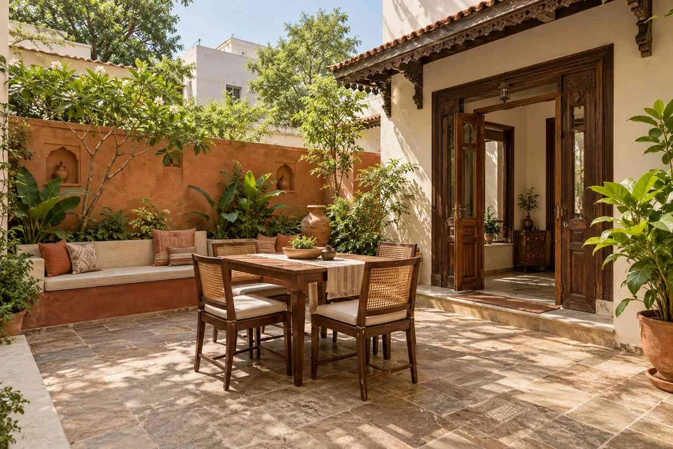 AI-generated outdoor concept: courtyard dining nook, terracotta heritage direction