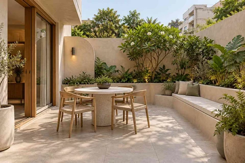 AI-generated outdoor concept: courtyard dining nook, textured mineral direction