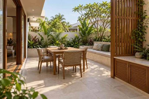 AI-generated outdoor concept: courtyard dining nook, tropical slatted direction