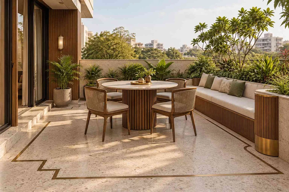 AI-generated outdoor concept: courtyard dining nook, urban deco direction