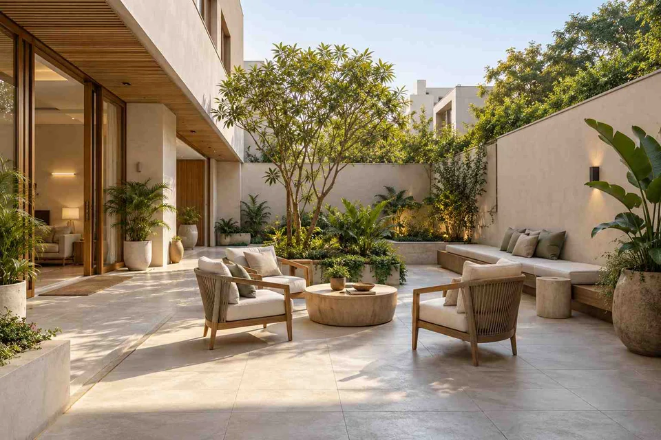 AI-generated outdoor concept: courtyard outdoor living, ash and linen direction