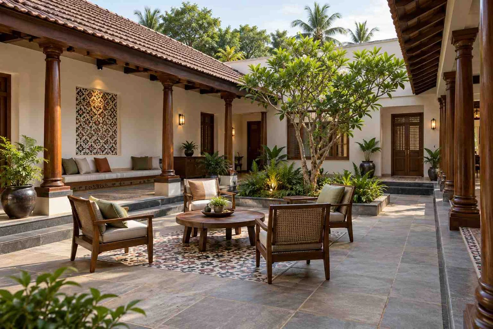 AI-generated outdoor concept: courtyard outdoor living, chettinad tile direction
