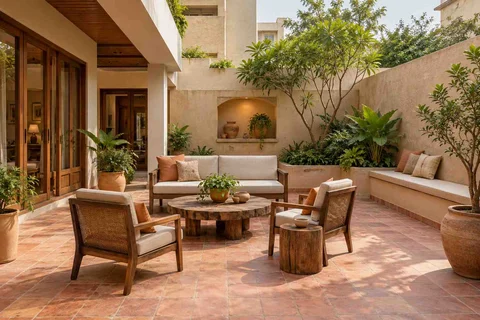 AI-generated outdoor concept: courtyard outdoor living, clay artisan direction