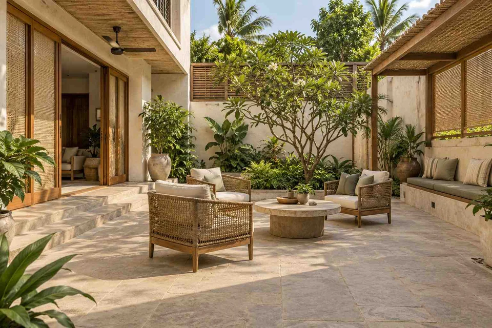 AI-generated outdoor concept: courtyard outdoor living, coastal woven direction
