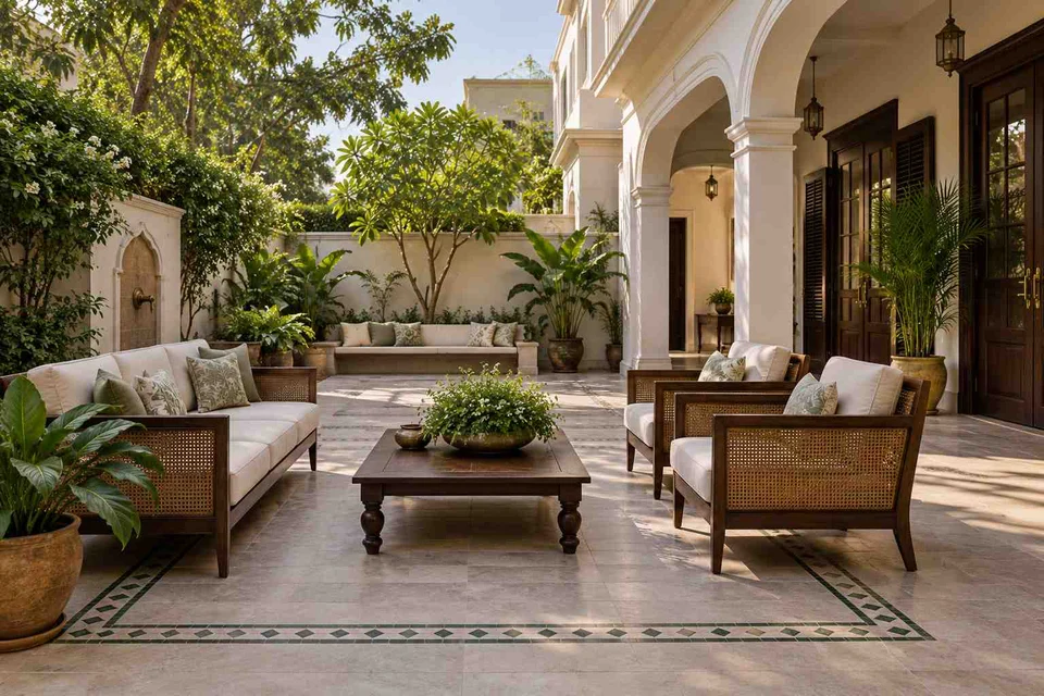 AI-generated outdoor concept: courtyard outdoor living, colonial quiet direction