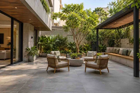 AI-generated outdoor concept: courtyard outdoor living, concrete and oak direction