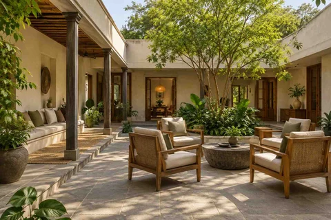 AI-generated outdoor concept: courtyard outdoor living, courtyard modern direction