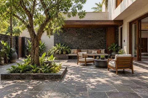 AI-generated outdoor concept: courtyard outdoor living, deccan stone direction