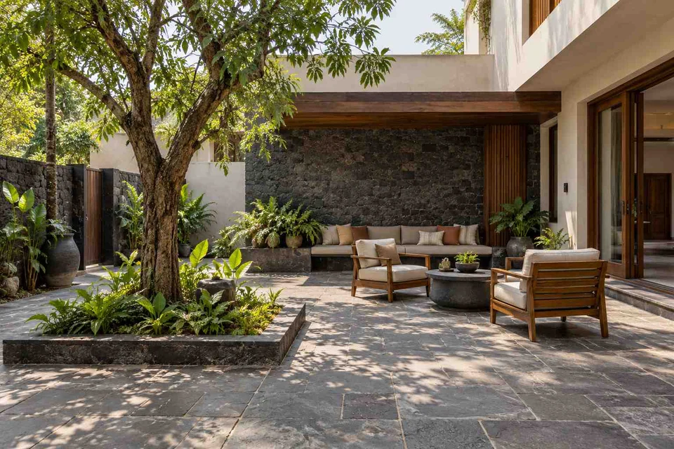 AI-generated outdoor concept: courtyard outdoor living, deccan stone direction