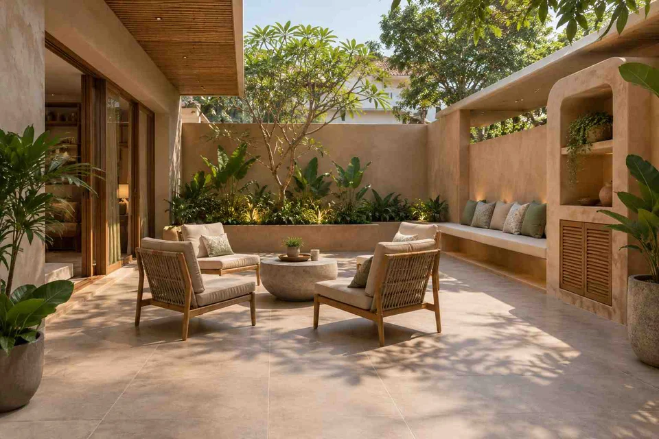 AI-generated outdoor concept: courtyard outdoor living, earth and bamboo direction