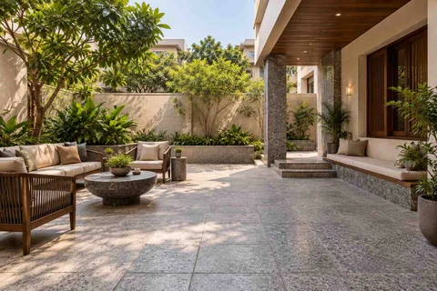 AI-generated outdoor concept: courtyard outdoor living, granite precision direction
