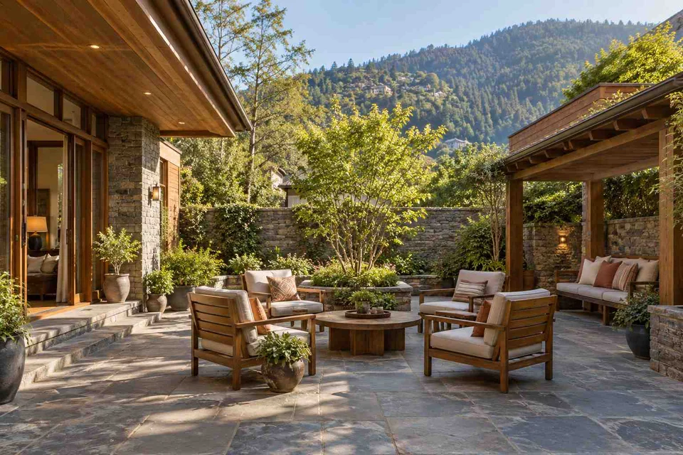 AI-generated outdoor concept: courtyard outdoor living, hill timber direction