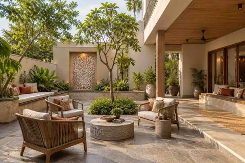 AI-generated outdoor concept: courtyard outdoor living, inlay atelier direction
