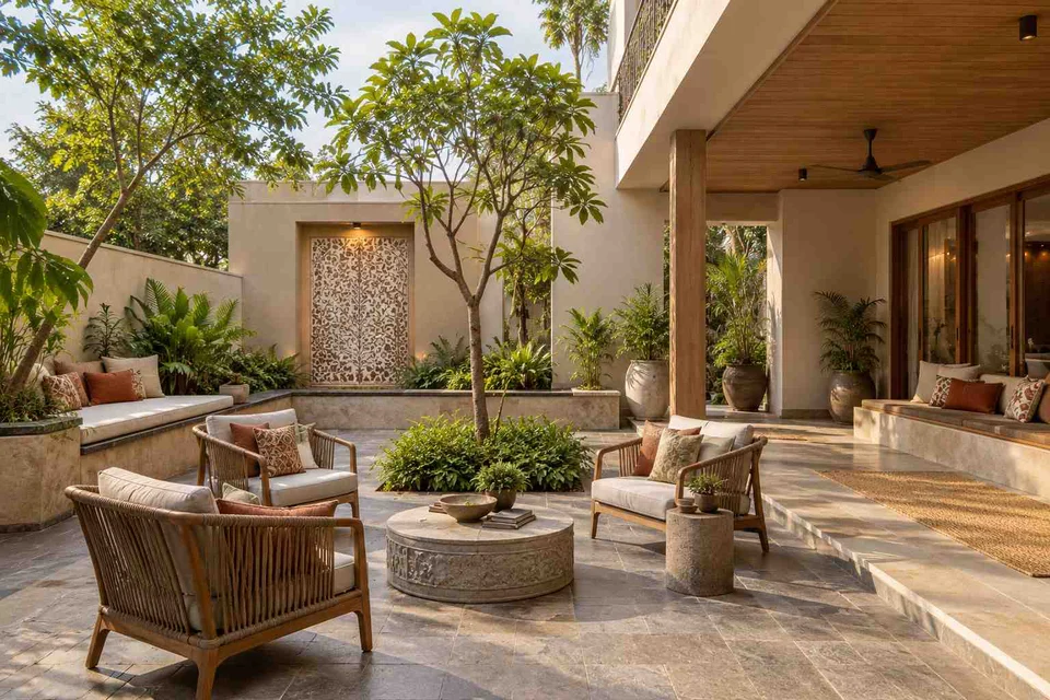 AI-generated outdoor concept: courtyard outdoor living, inlay atelier direction