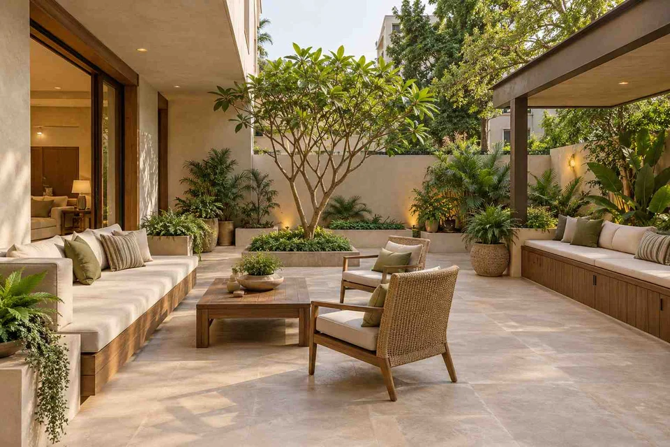 AI-generated outdoor concept: courtyard outdoor living, lime and walnut direction