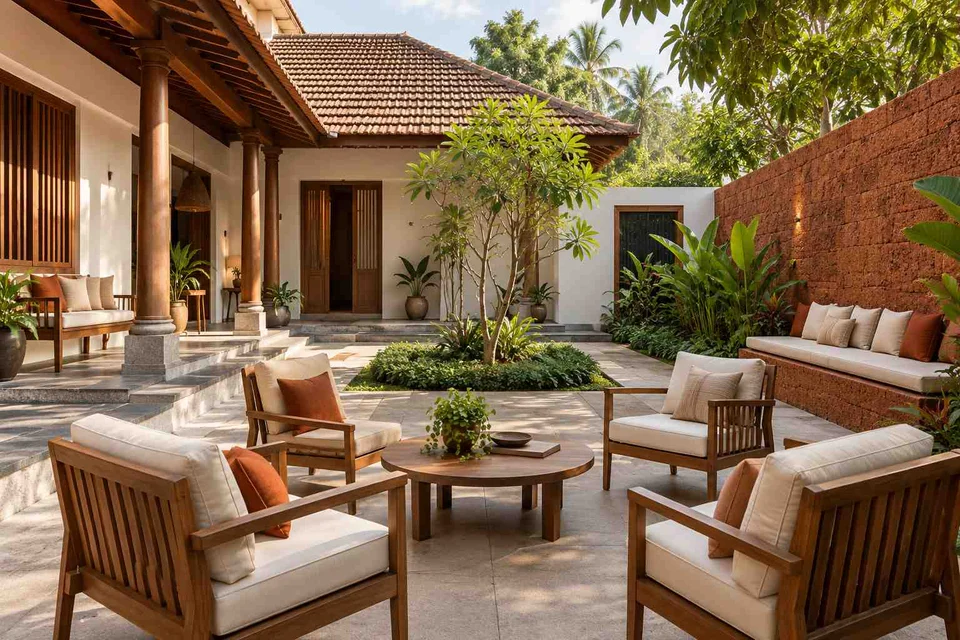AI-generated outdoor concept: courtyard outdoor living, malabar timber direction