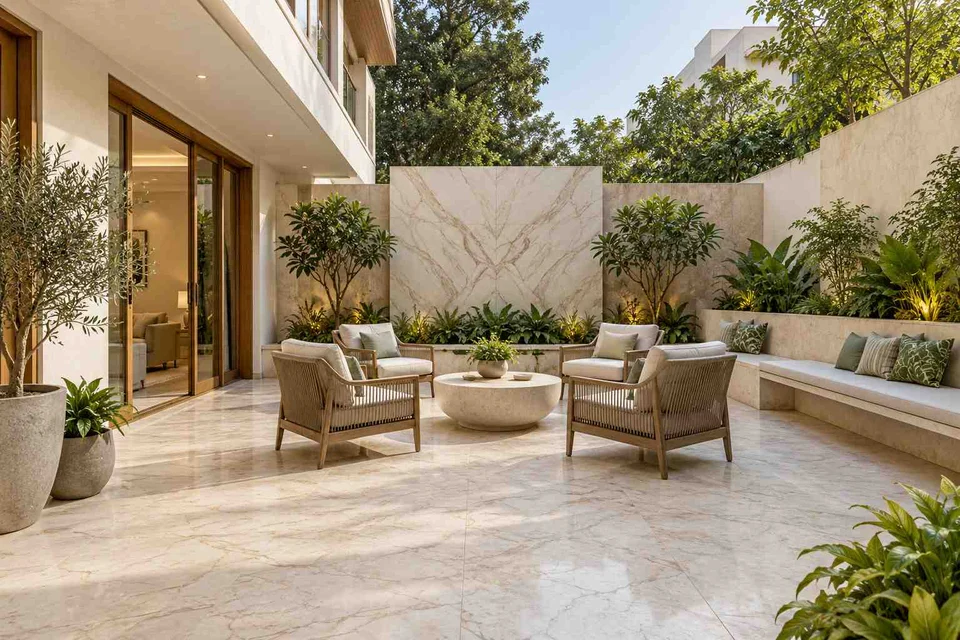 AI-generated outdoor concept: courtyard outdoor living, marble restraint direction