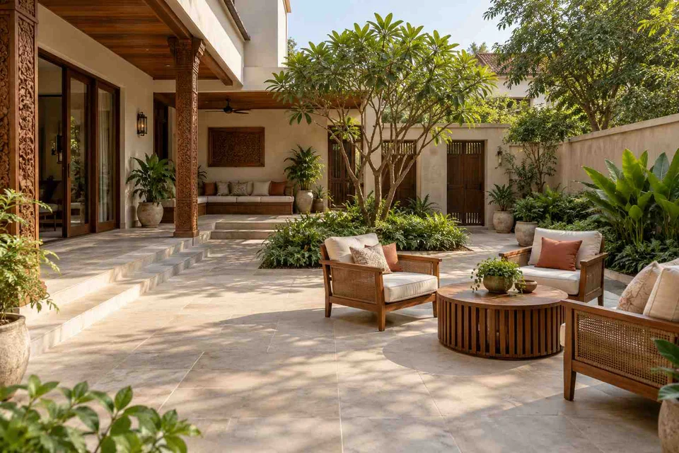 AI-generated outdoor concept: courtyard outdoor living, modern carved direction