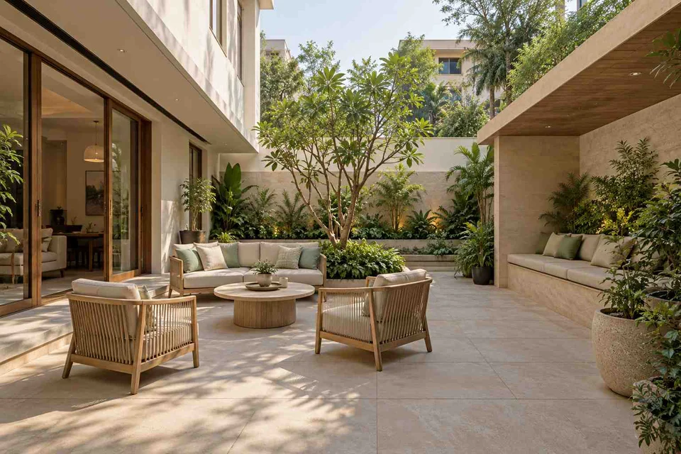 AI-generated outdoor concept: courtyard outdoor living, quiet contemporary direction