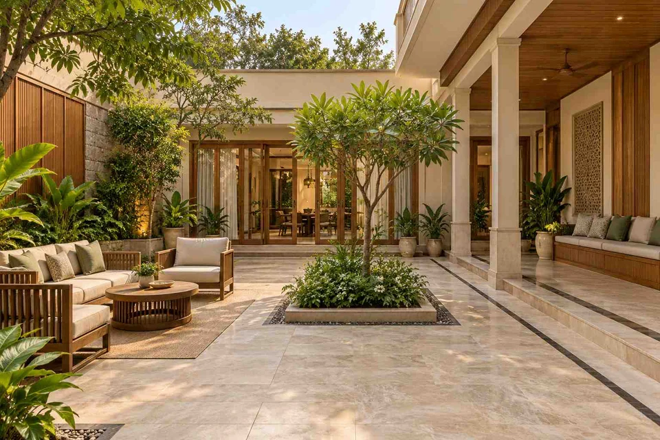 AI-generated outdoor concept: courtyard outdoor living, quiet transitional direction