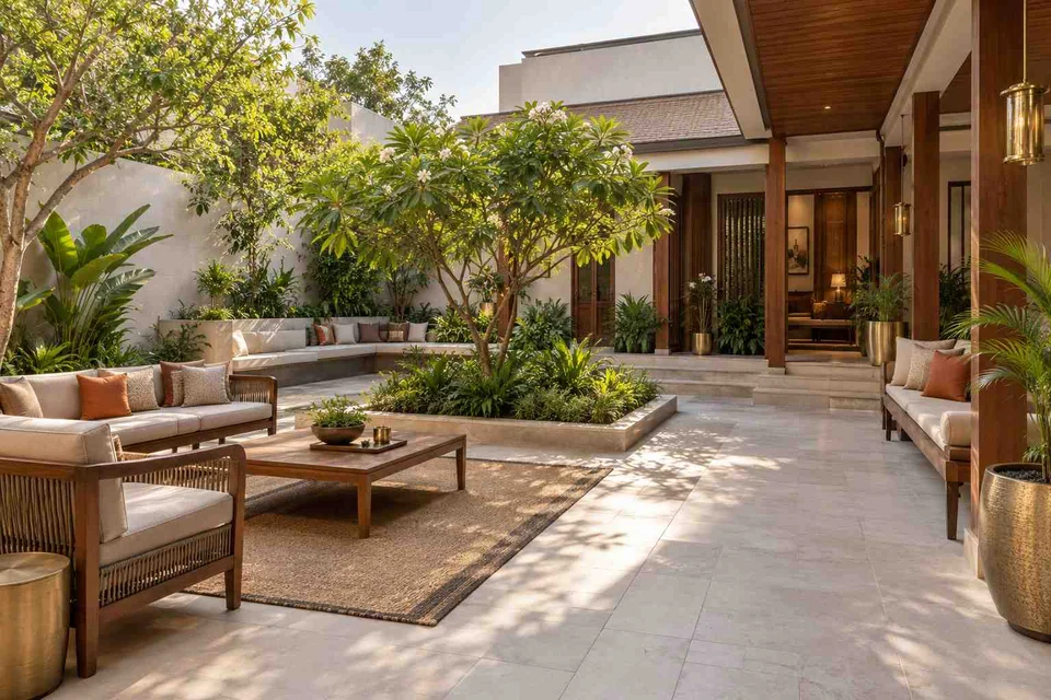 AI-generated outdoor concept: courtyard outdoor living, rosewood brass direction