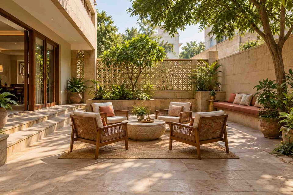AI-generated outdoor concept: courtyard outdoor living, sandstone lattice direction
