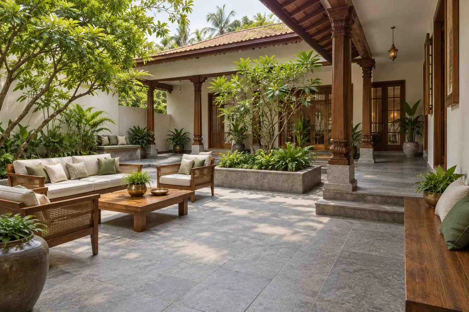 AI-generated outdoor concept: courtyard outdoor living, teak craft direction