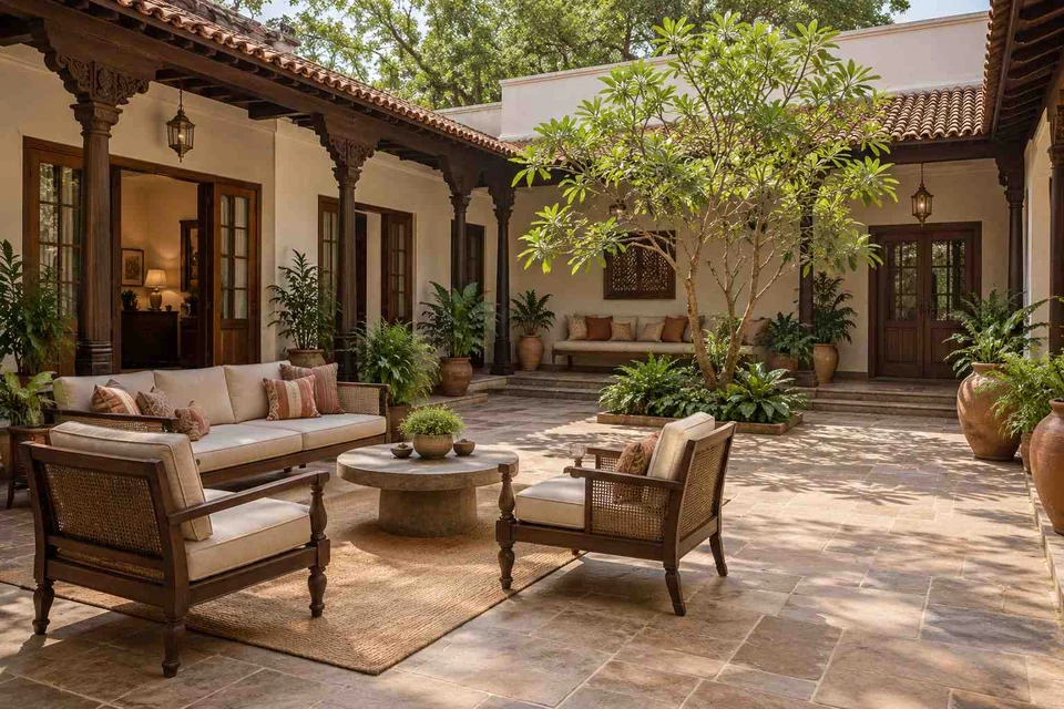 AI-generated outdoor concept: courtyard outdoor living, terracotta heritage direction