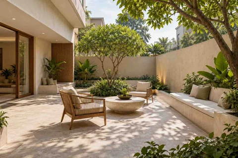 AI-generated outdoor concept: courtyard outdoor living, textured mineral direction