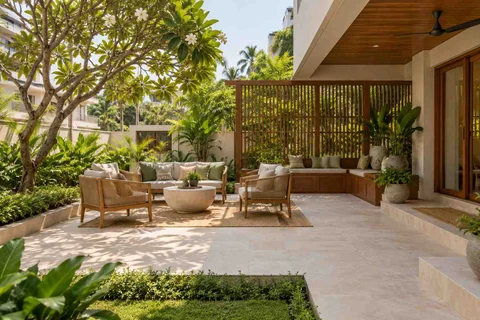 AI-generated outdoor concept: courtyard outdoor living, tropical slatted direction