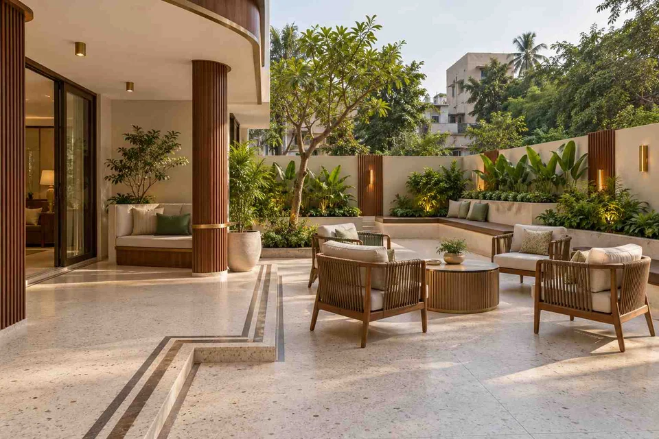 AI-generated outdoor concept: courtyard outdoor living, urban deco direction