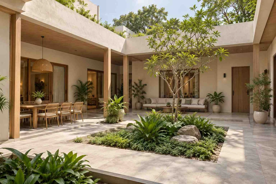 AI-generated outdoor concept: courtyard verandah loop, ash and linen direction