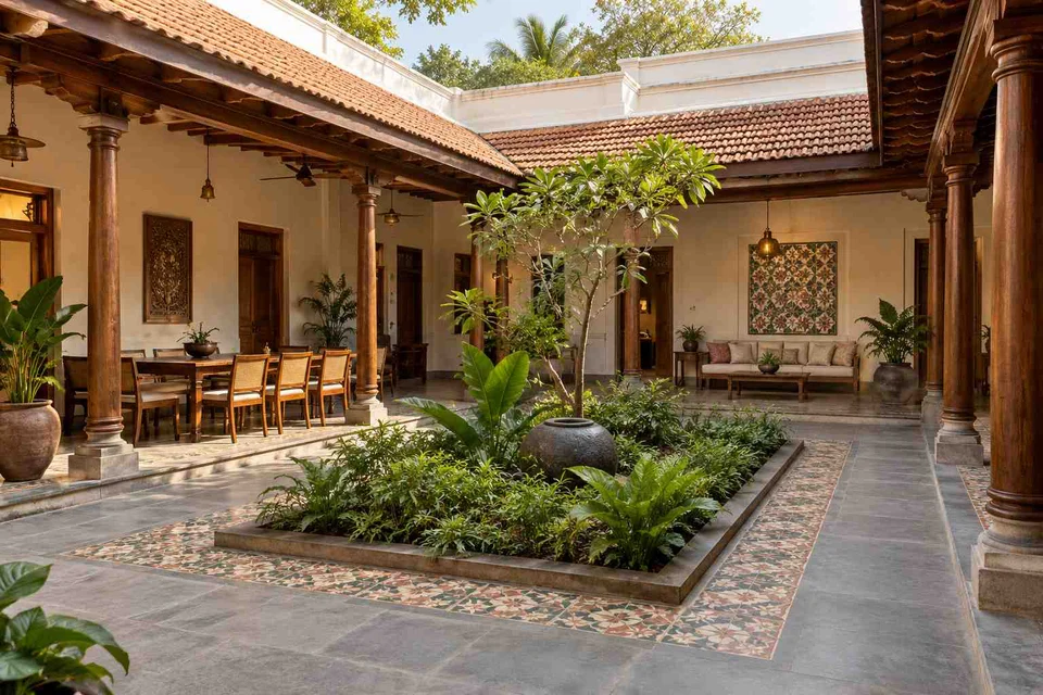 AI-generated outdoor concept: courtyard verandah loop, chettinad tile direction