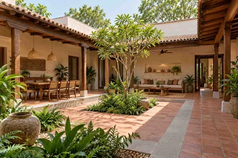 AI-generated outdoor concept: courtyard verandah loop, clay artisan direction