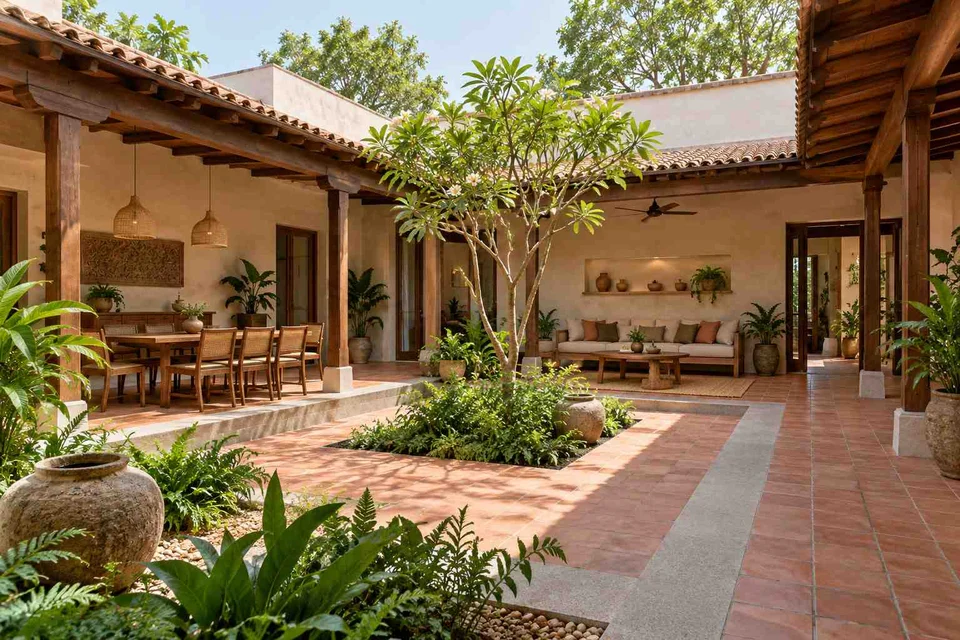 AI-generated outdoor concept: courtyard verandah loop, clay artisan direction